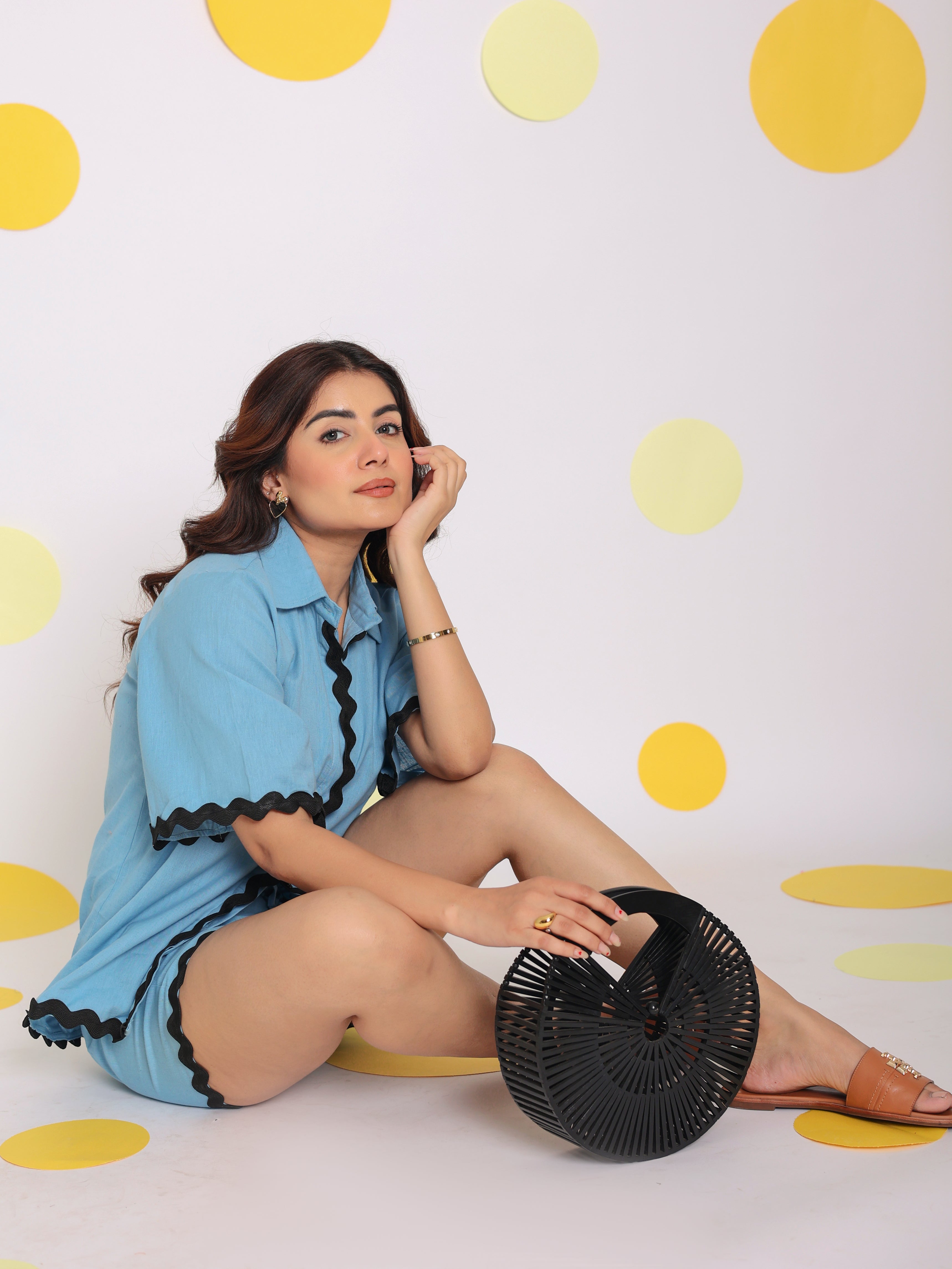 Sky Blue Buttoned Relaxed Collared Shirt and Shorts Linen Co-ord Set - Kaoribyshreya
