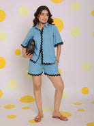 Sky Blue Buttoned Relaxed Collared Shirt and Shorts Linen Co-ord Set - Kaoribyshreya