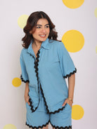Sky Blue Buttoned Summer Relaxed Collared Linen Shirt - Kaoribyshreya