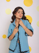 Sky Blue Buttoned Summer Relaxed Collared Linen Shirt - Kaoribyshreya