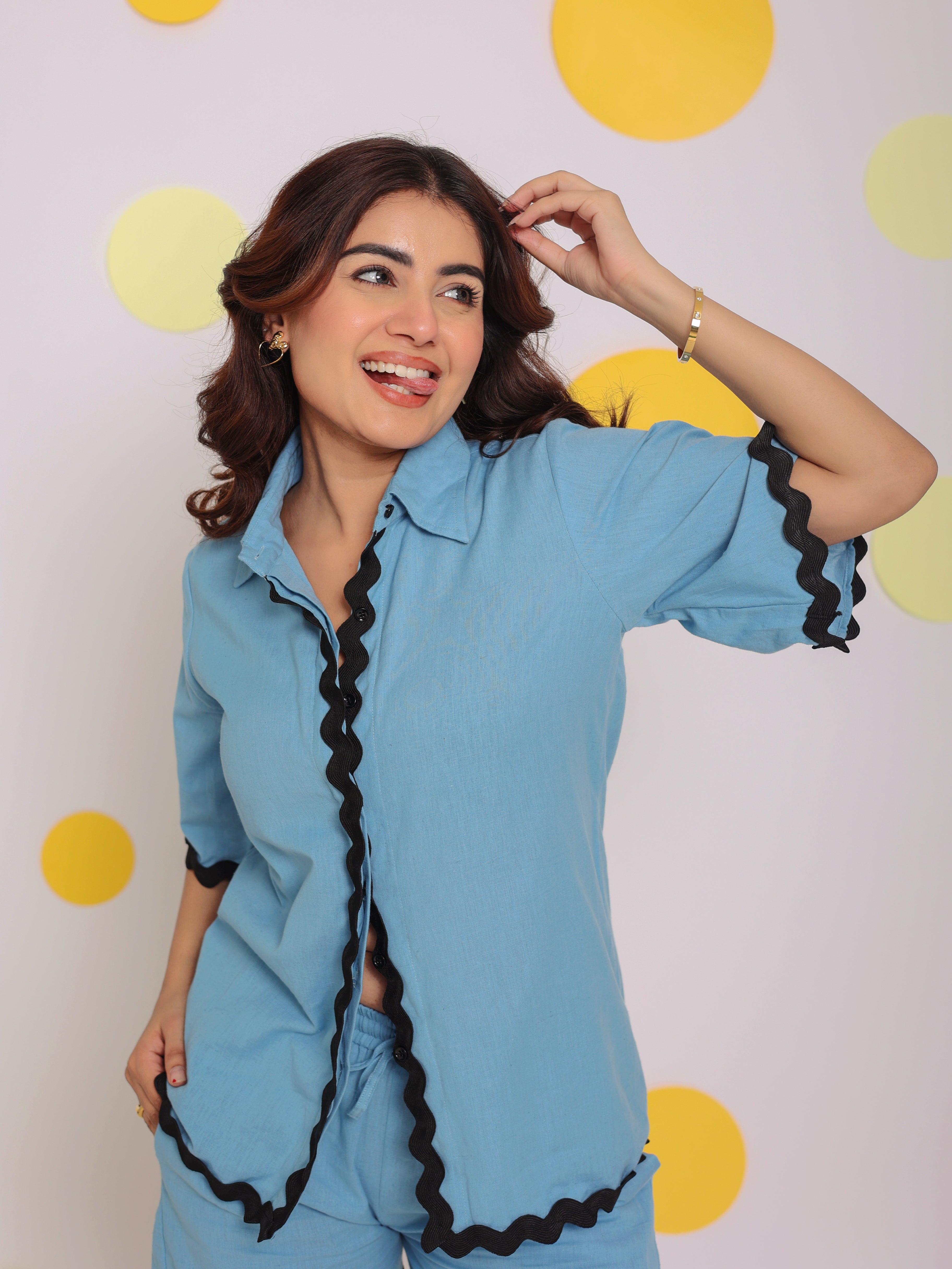 Sky Blue Buttoned Summer Relaxed Collared Linen Shirt - Kaoribyshreya