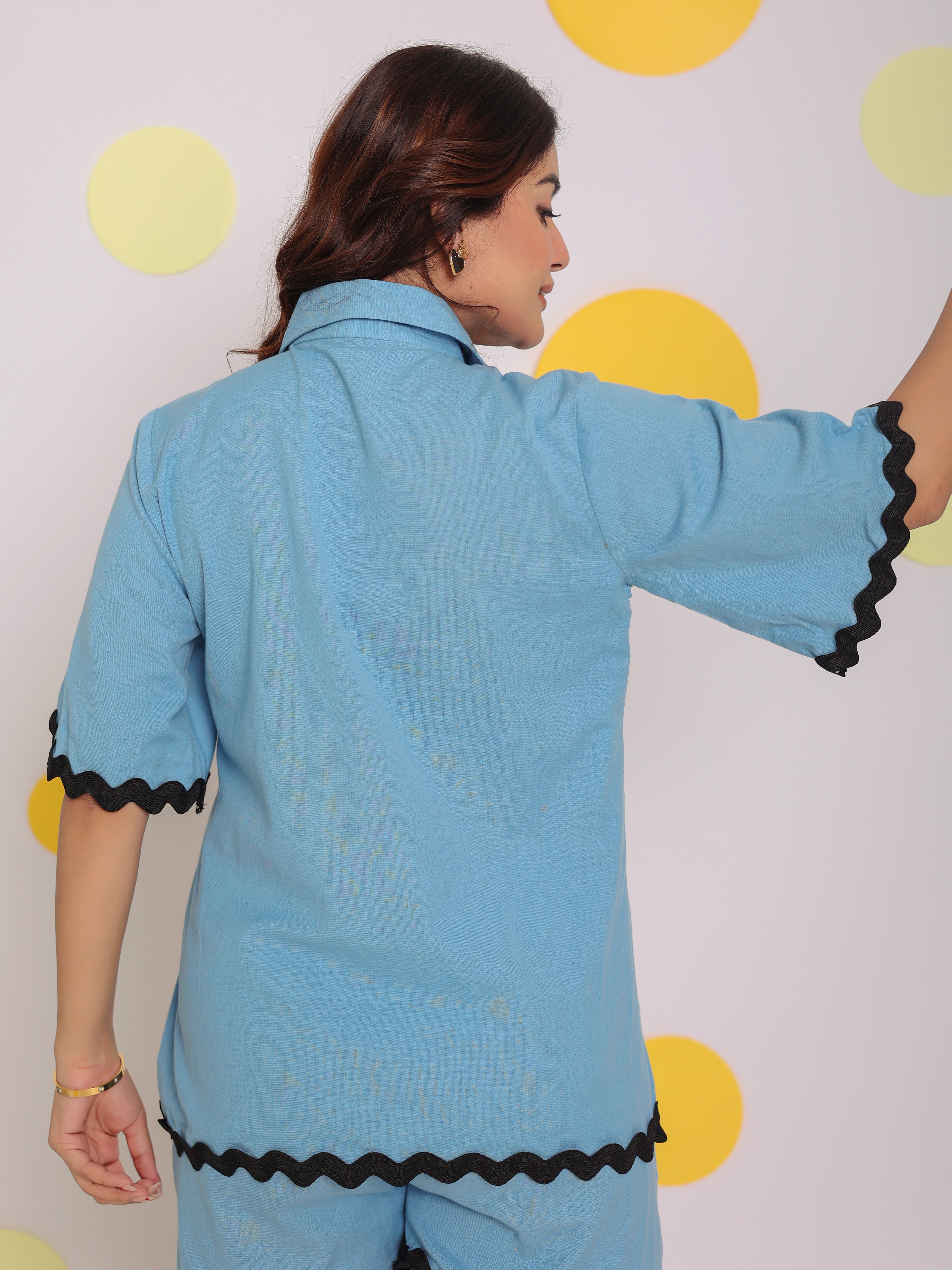 Sky Blue Buttoned Summer Relaxed Collared Linen Shirt - Kaoribyshreya