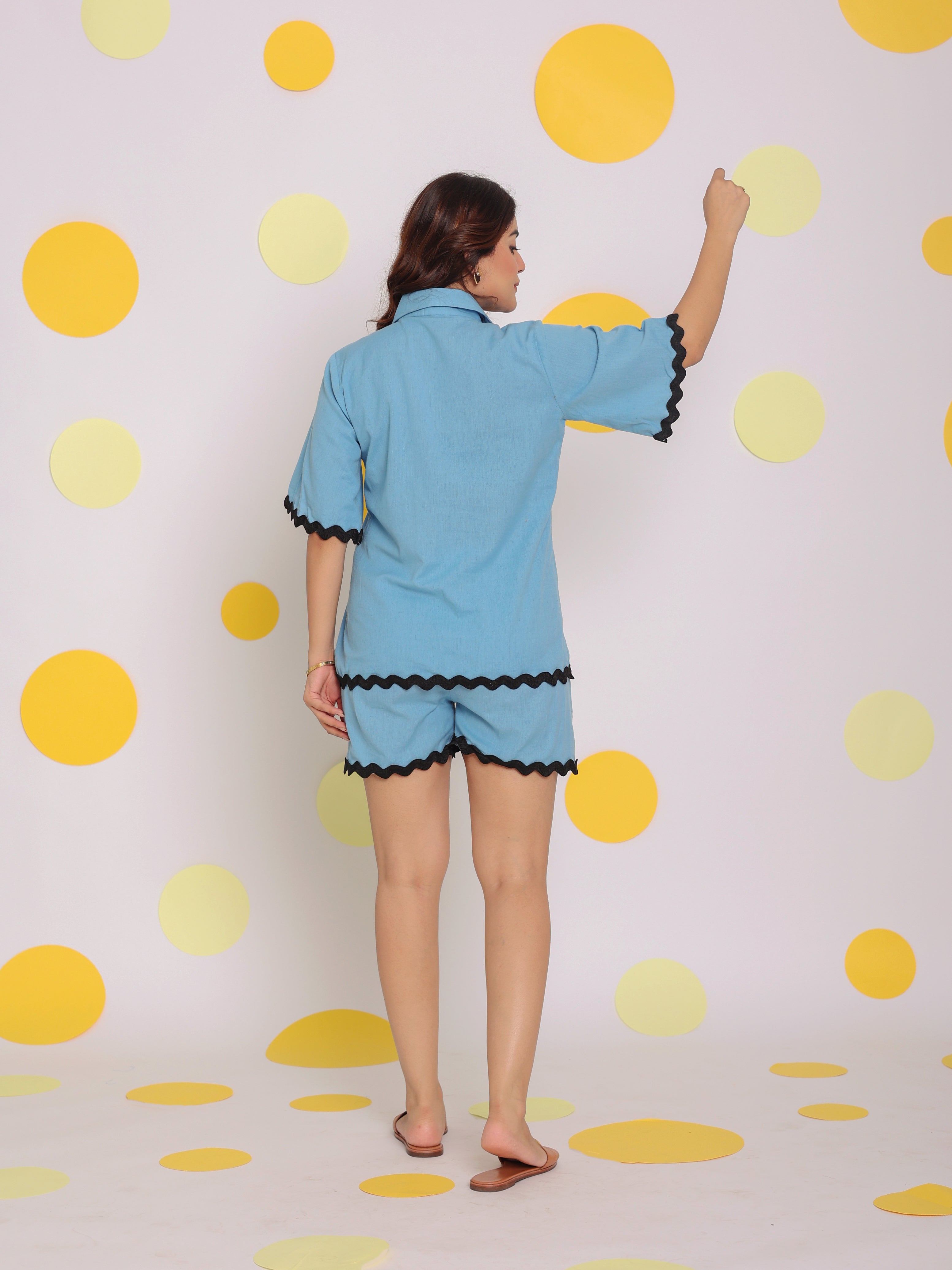 Sky Blue Buttoned Relaxed Collared Shirt and Shorts Linen Co-ord Set - Kaoribyshreya