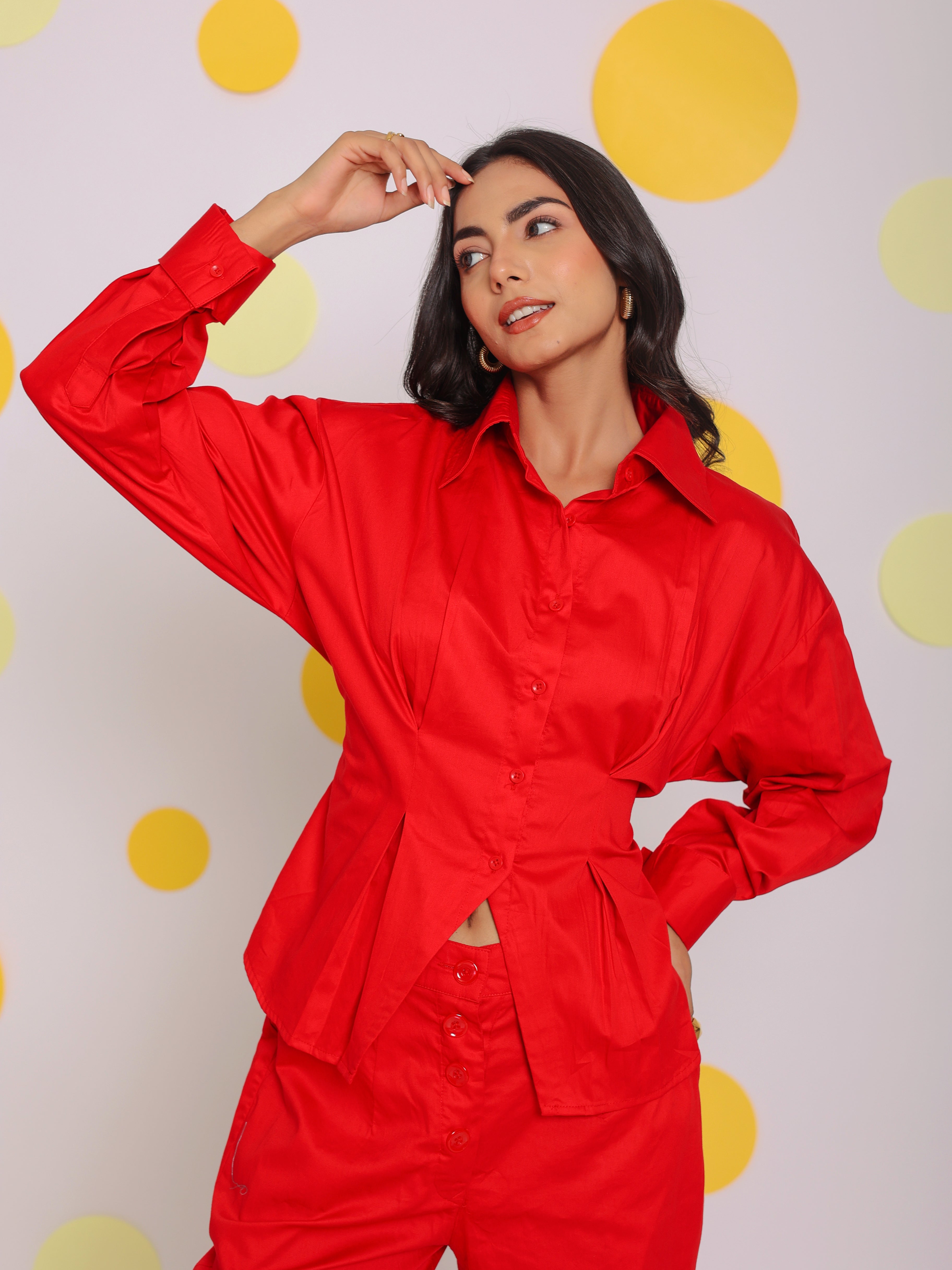 Red Summer Waist Fitted With Back Tie Up Collared 100% Cotton Shirt - Kaoribyshreya