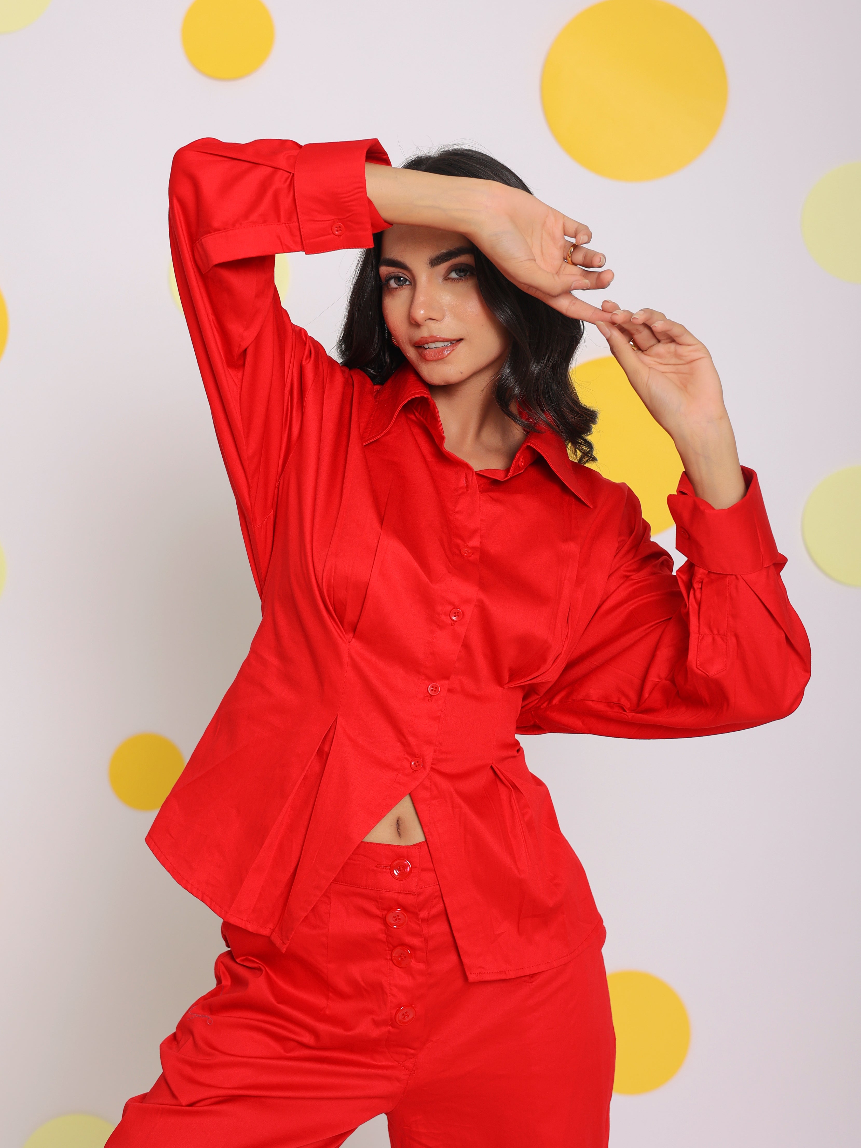 Red Shirt with back tie up and Pant 2 Piece Set Summer Waist Fitted 100% Cotton Co-ord Set - Kaoribyshreya