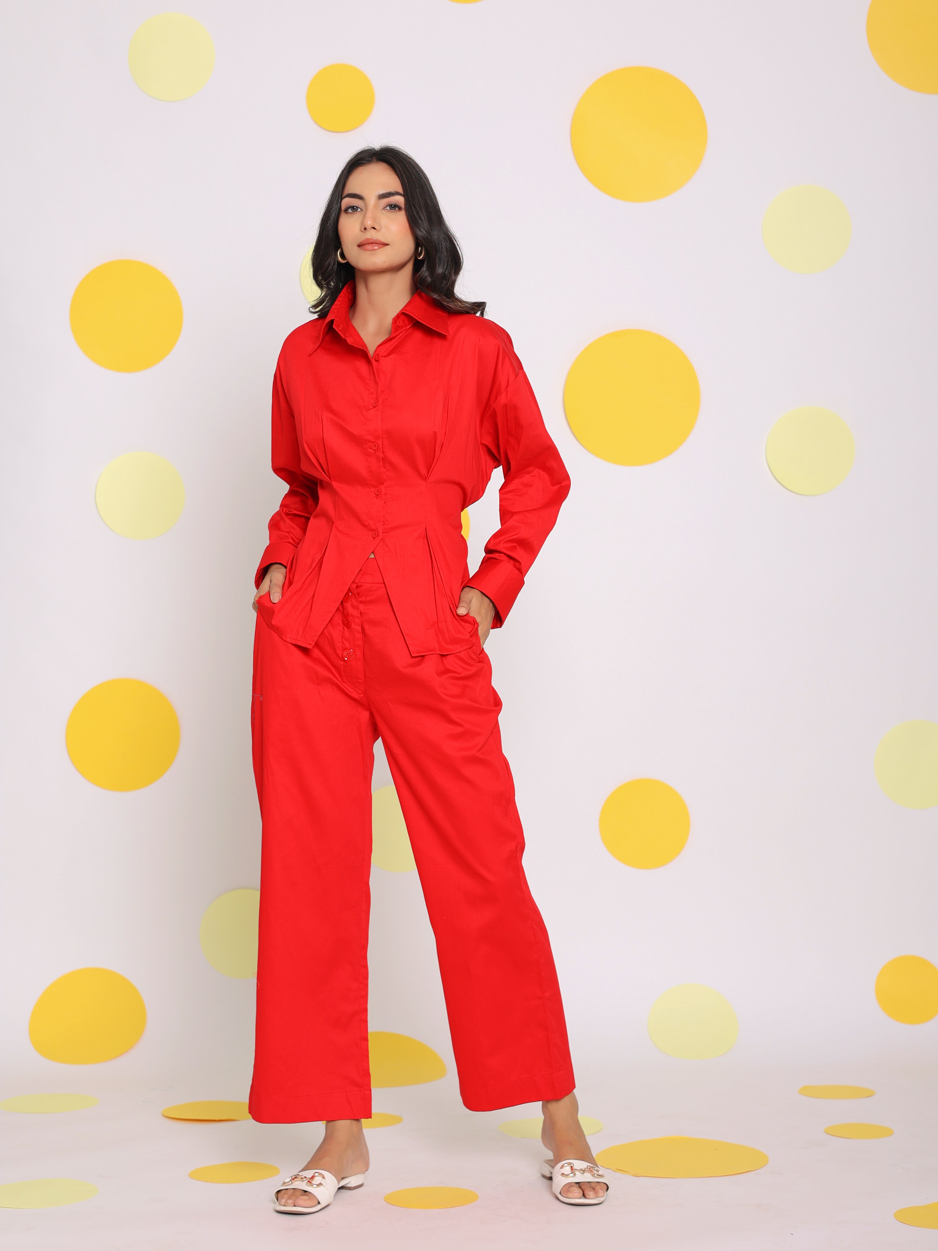 Red Shirt with back tie up and Pant 2 Piece Set Summer Waist Fitted 100% Cotton Co-ord Set - Kaoribyshreya