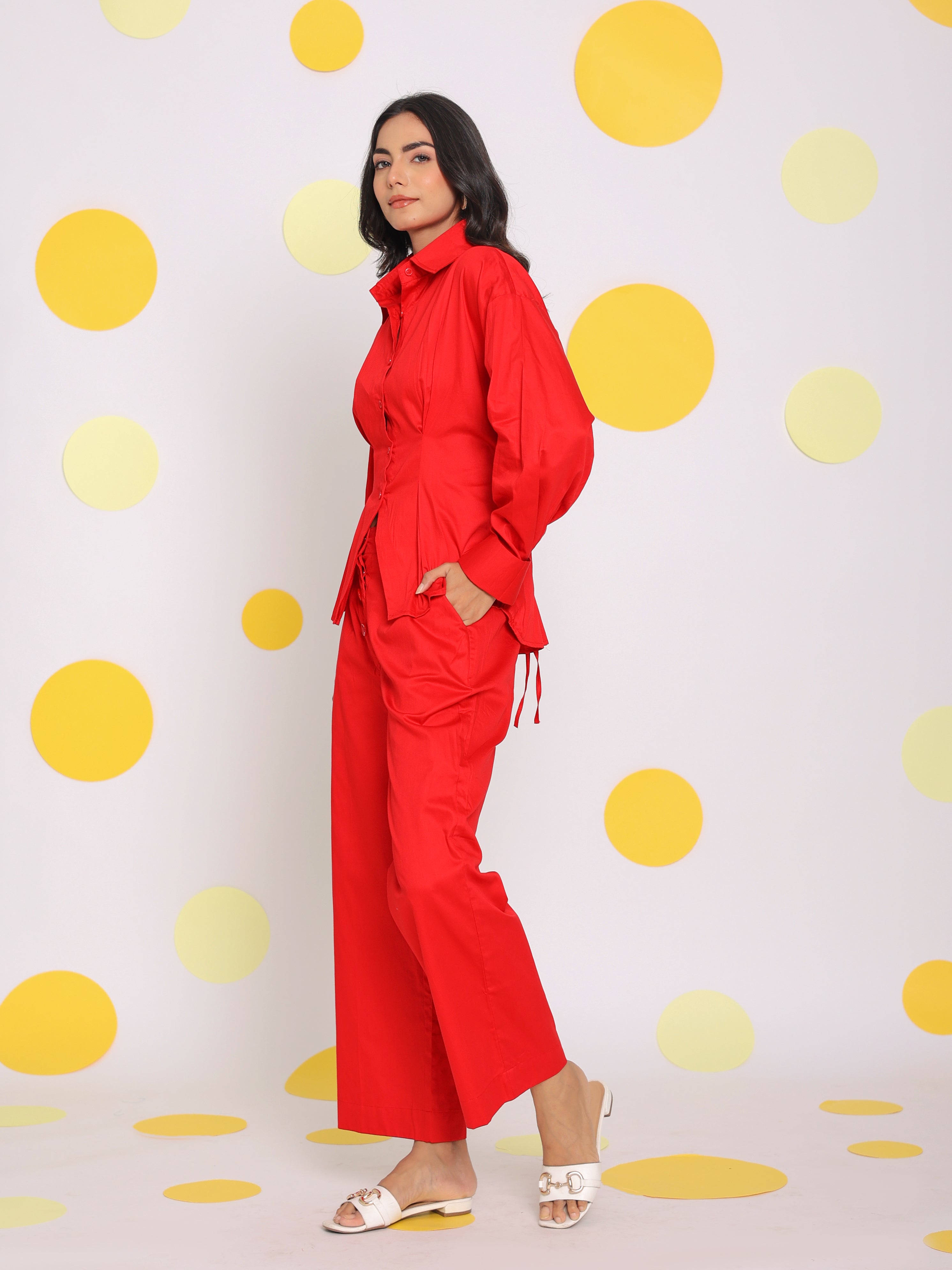 Red Shirt with back tie up and Pant 2 Piece Set Summer Waist Fitted 100% Cotton Co-ord Set - Kaoribyshreya