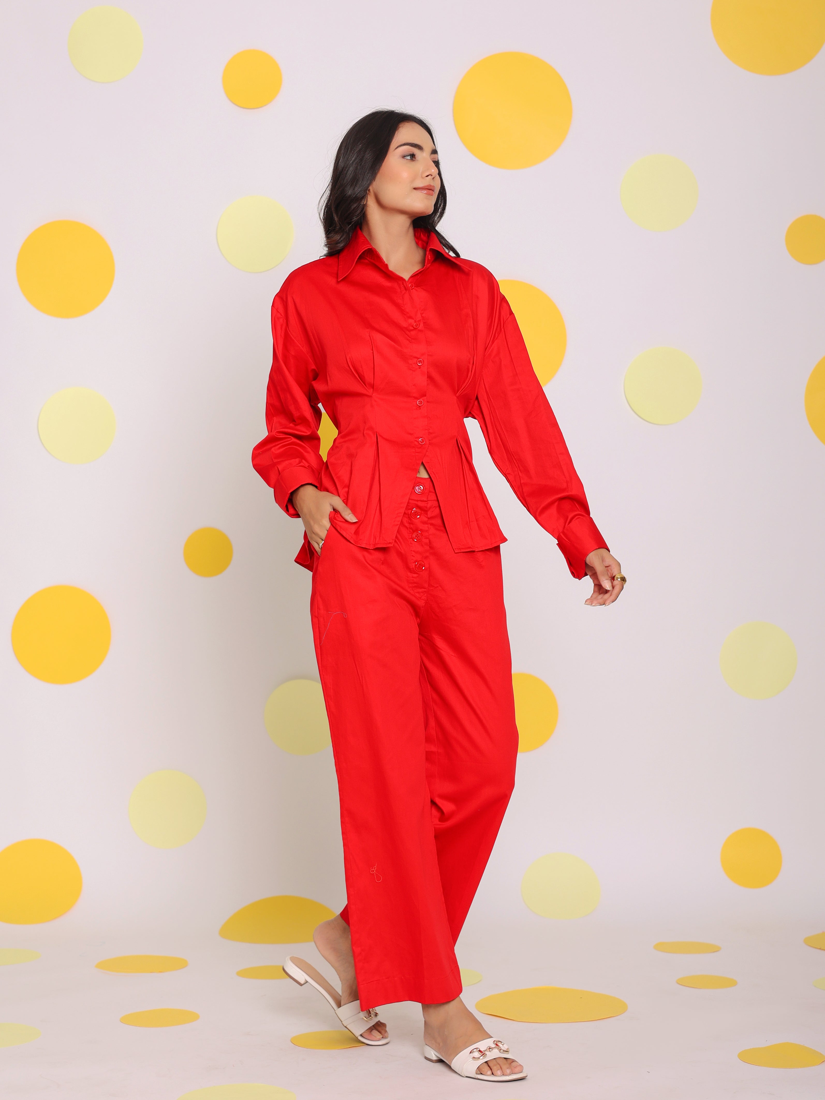Red Shirt with back tie up and Pant 2 Piece Set Summer Waist Fitted 100% Cotton Co-ord Set - Kaoribyshreya