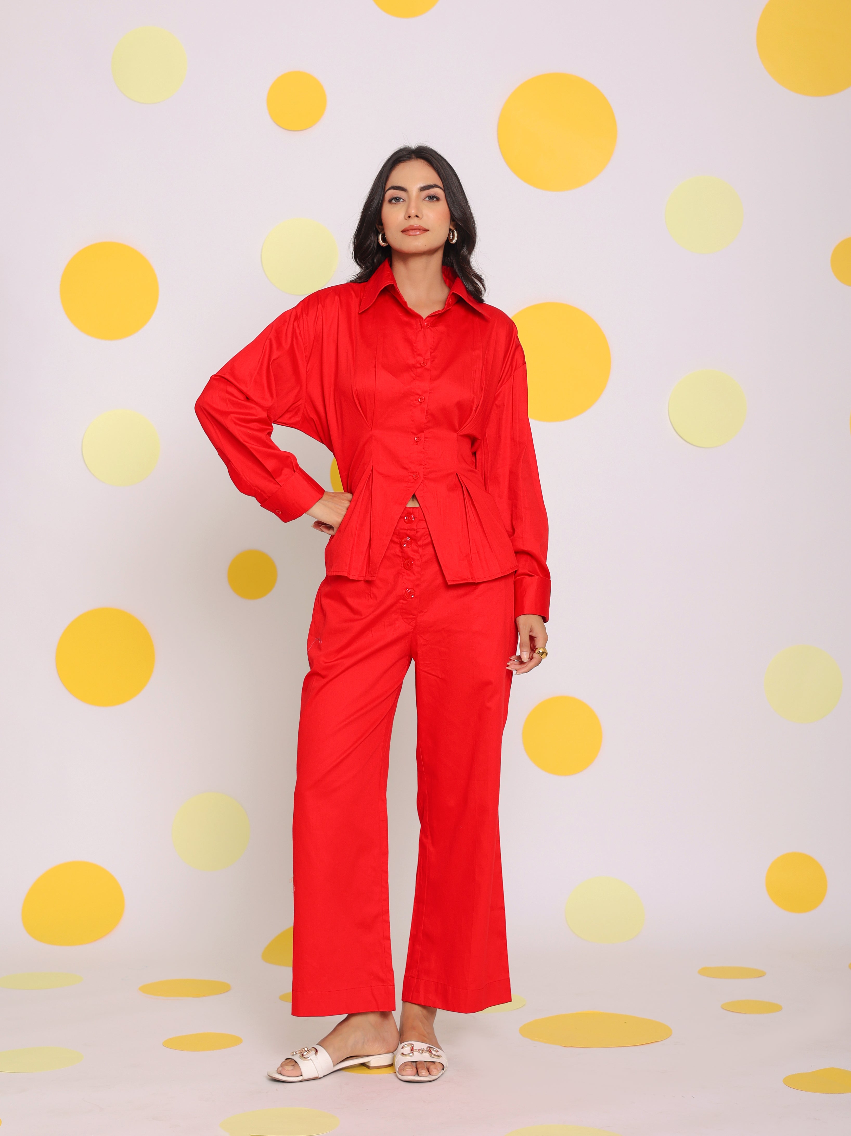 Red Shirt with back tie up and Pant 2 Piece Set Summer Waist Fitted 100% Cotton Co-ord Set - Kaoribyshreya