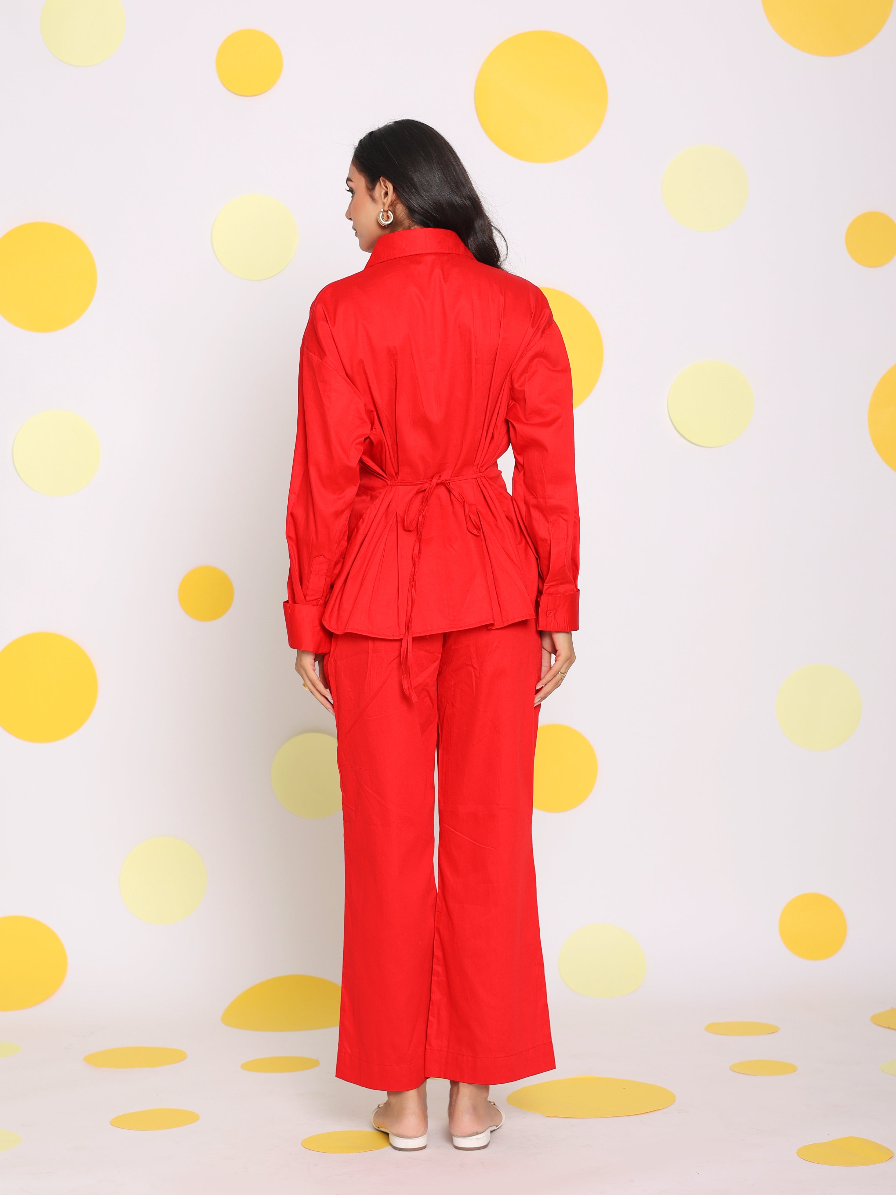 Red Shirt with back tie up and Pant 2 Piece Set Summer Waist Fitted 100% Cotton Co-ord Set - Kaoribyshreya