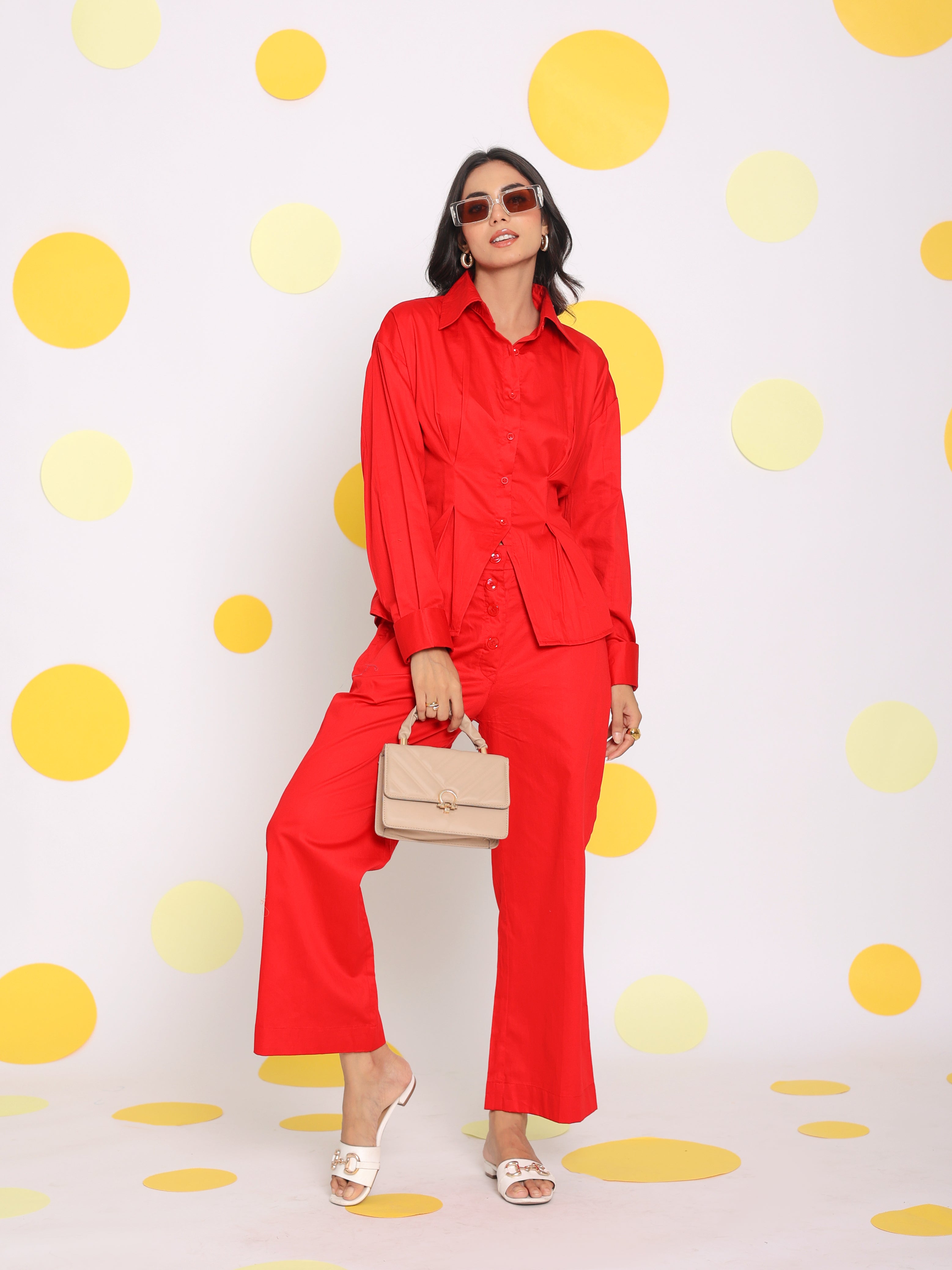 Red Shirt with back tie up and Pant 2 Piece Set Summer Waist Fitted 100% Cotton Co-ord Set - Kaoribyshreya