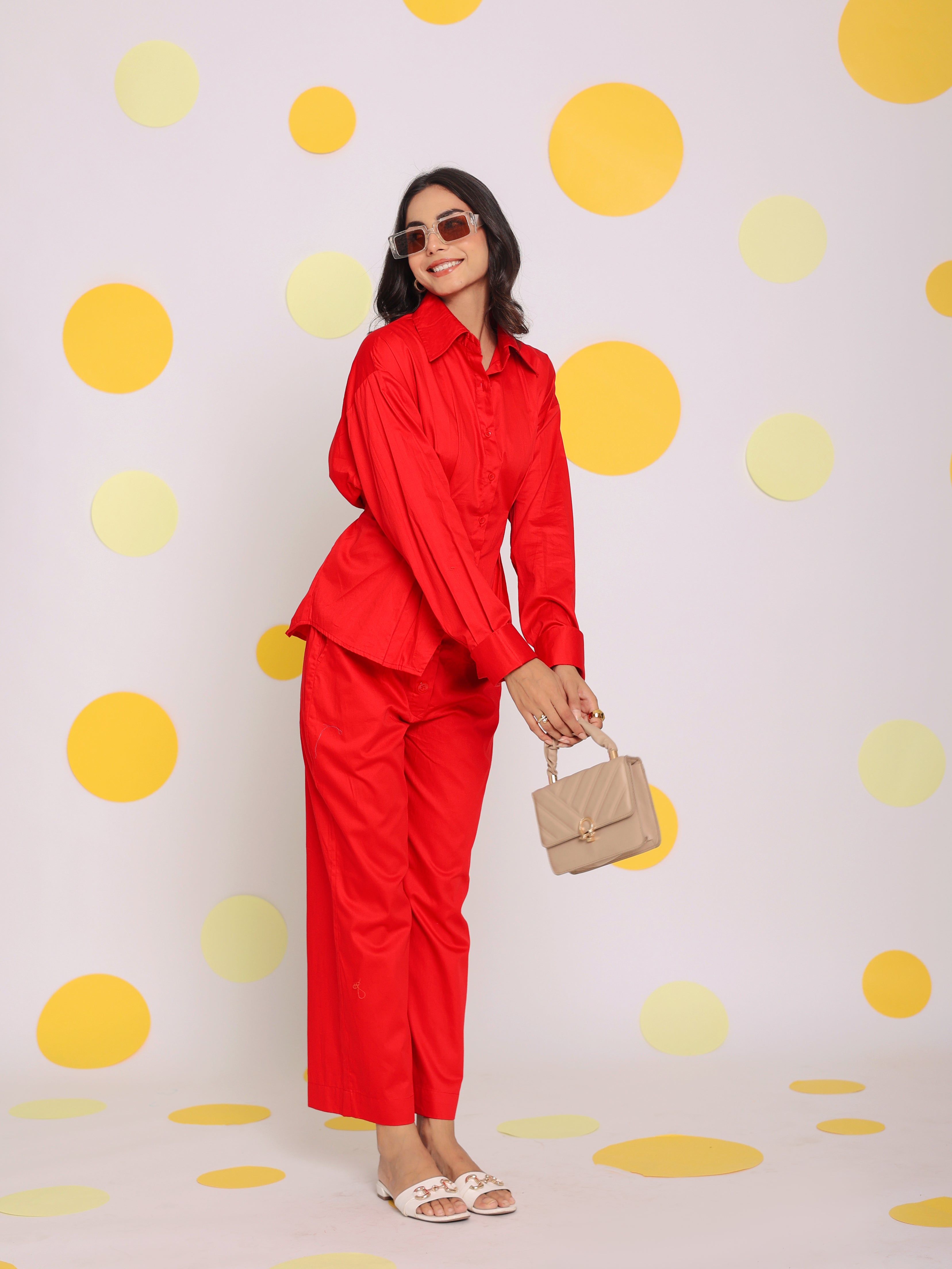 Red Shirt with back tie up and Pant 2 Piece Set Summer Waist Fitted 100% Cotton Co-ord Set - Kaoribyshreya