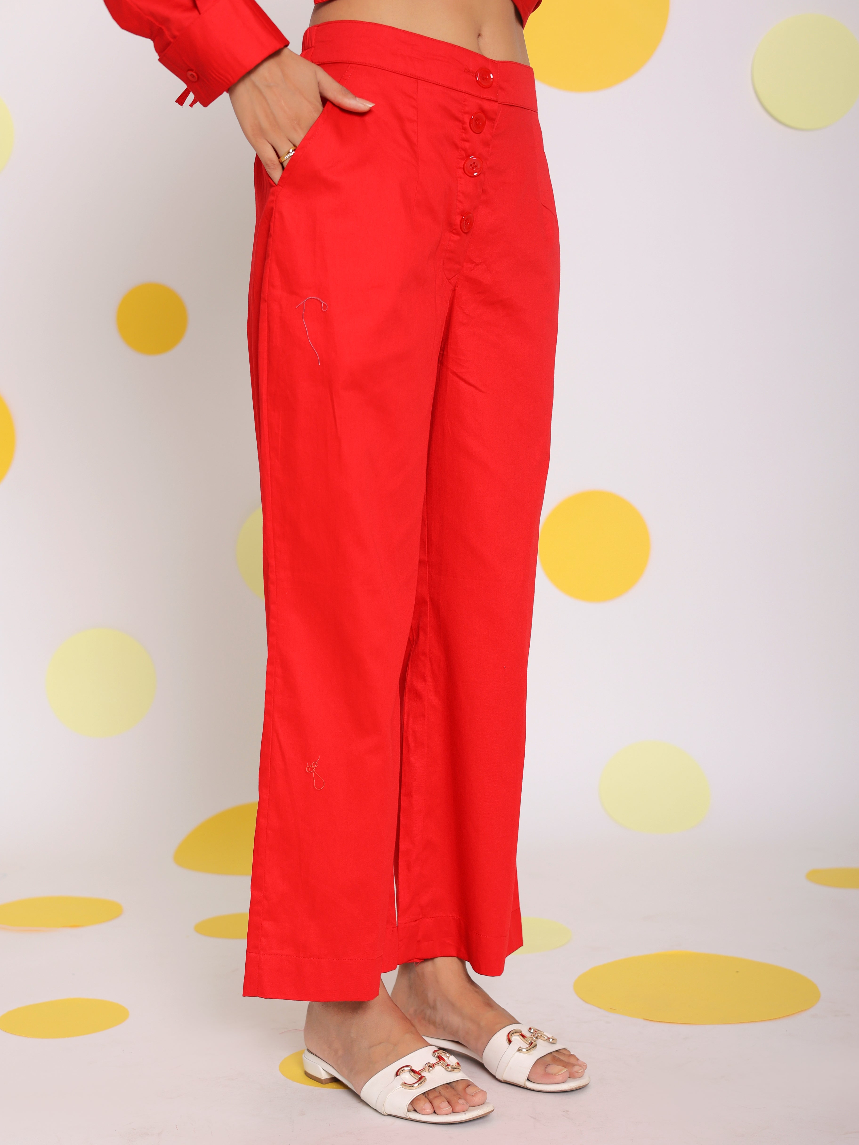 Red Shirt with back tie up and Pant 2 Piece Set Summer Waist Fitted 100% Cotton Co-ord Set - Kaoribyshreya