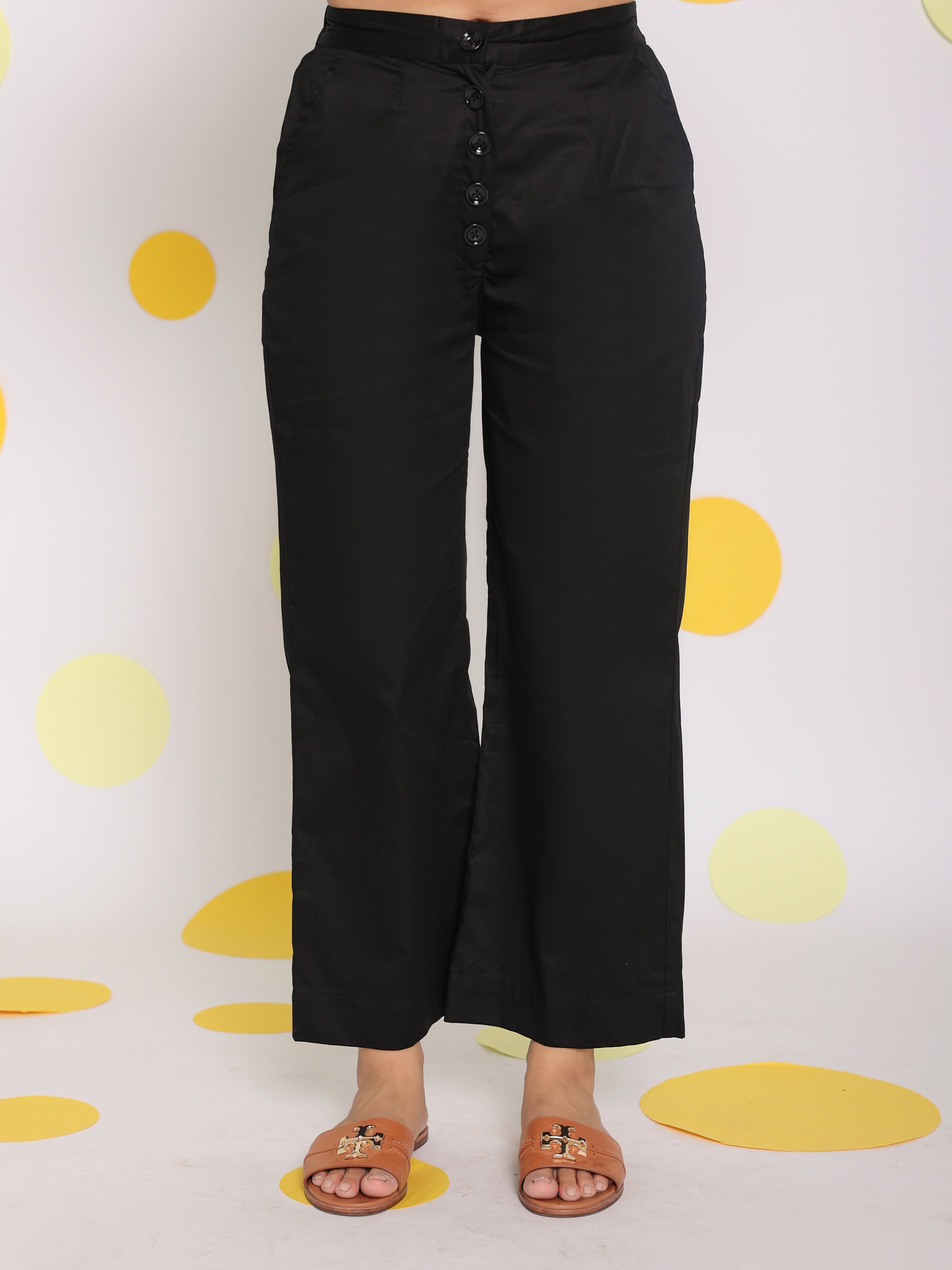 Black Summer Relaxed Wide Leg Everyday Wear 100% Cotton Pants - Kaoribyshreya