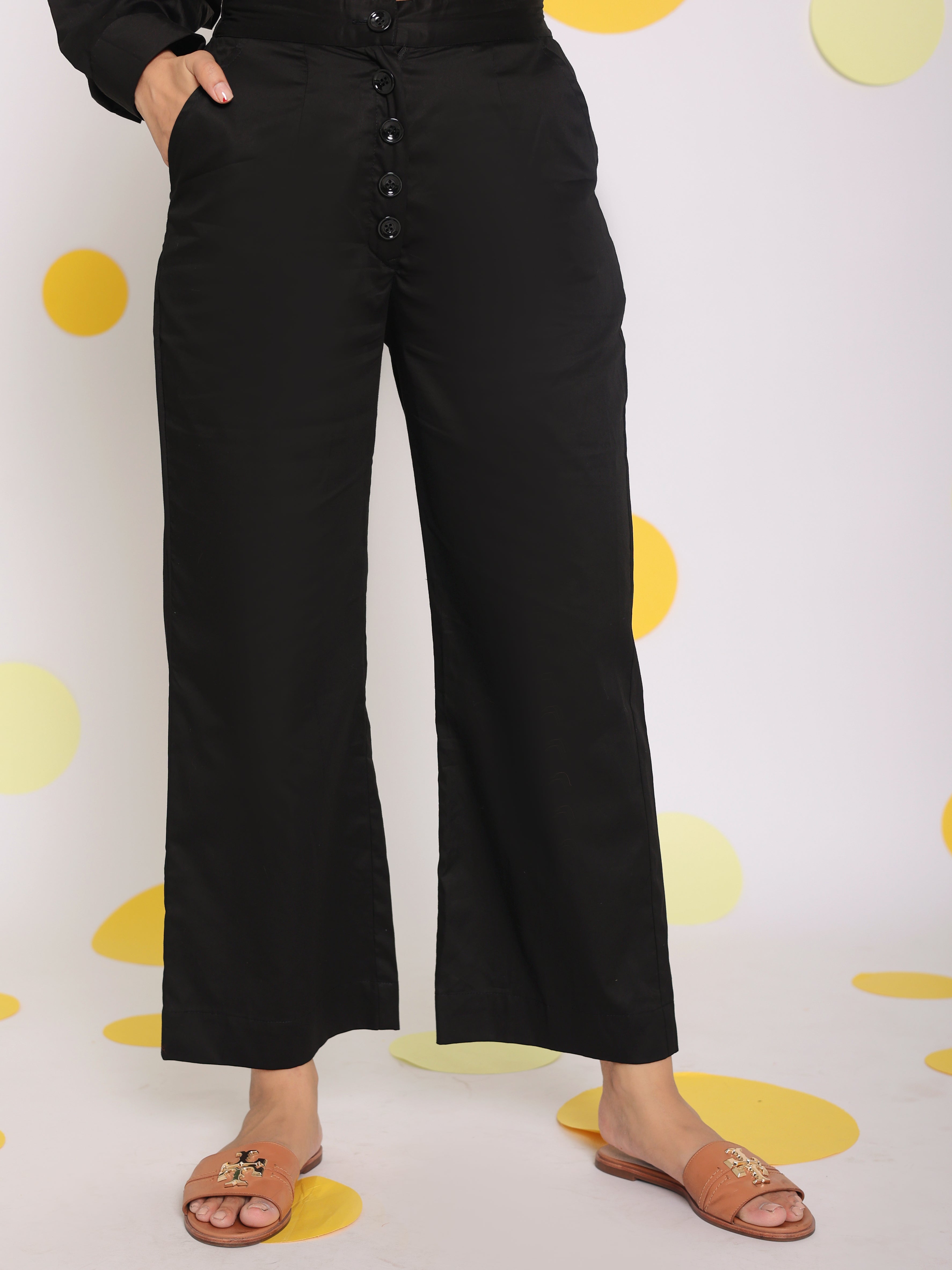Black Summer Relaxed Wide Leg Everyday Wear 100% Cotton Pants - Kaoribyshreya