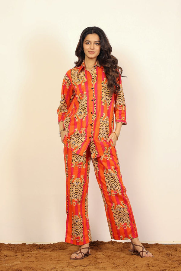 Orange and Multicolor Tropical Summer Print Oversized Shirts and Wide Legs Pant 100% Cotton Co-ord Sets
