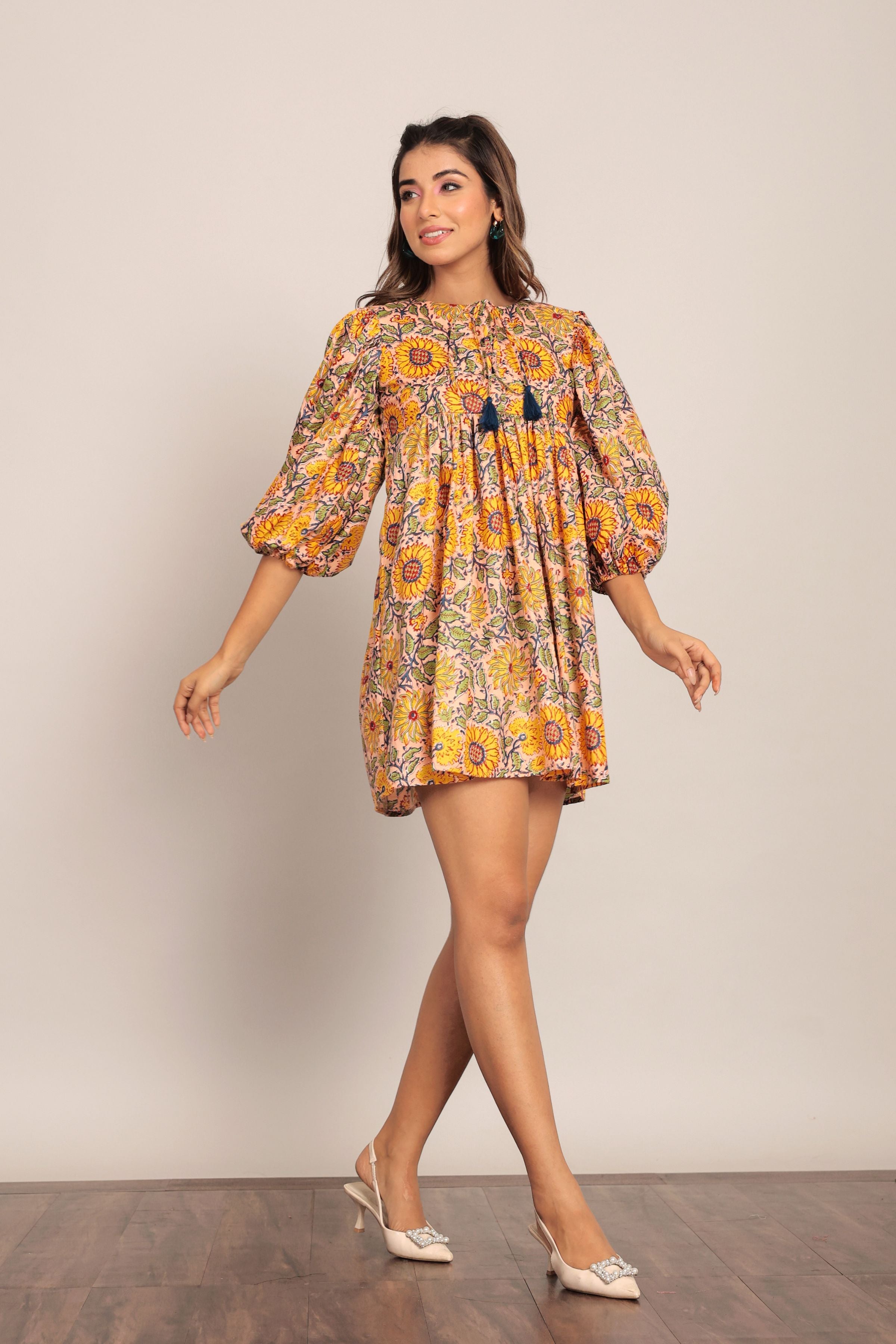Sunflower Printed Yellow and Multicolor Relaxed Skater Short Dress - Kaoribyshreya