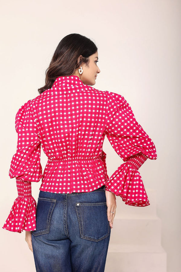 Pink Gingham Collared Wrap Top with Fancy Sleeves and Waist tie up