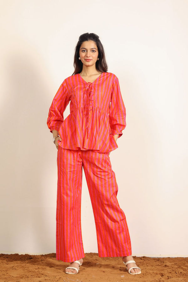 Orange and Pink Smart Stripes Textile Print Resort/ Work Wear Tunic Shirts and Wide Legs Cotton Co-ord Sets