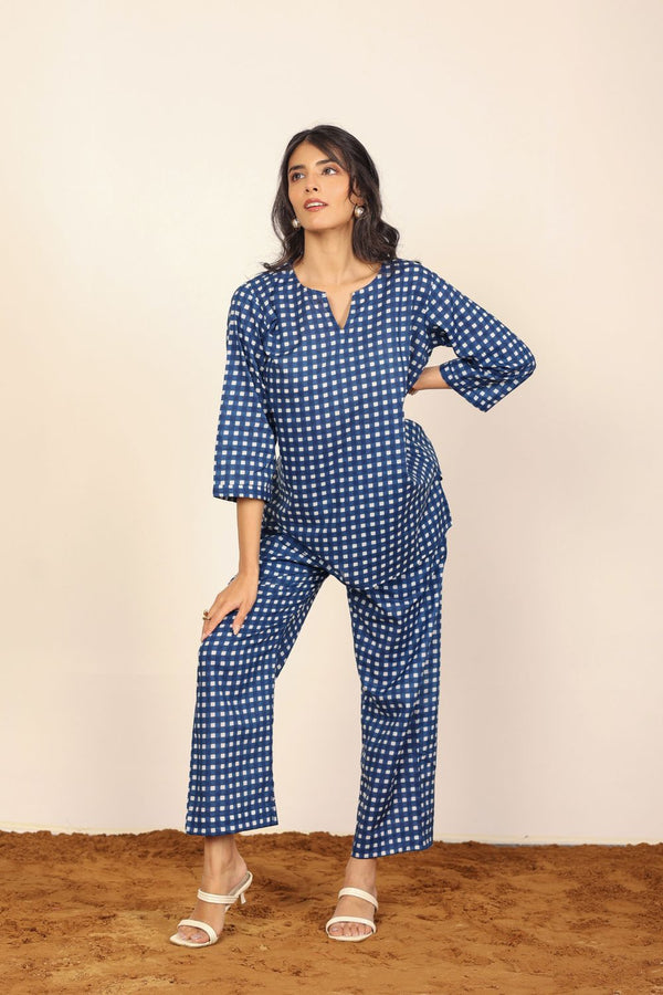 Blue and White Gingham Checks Print Two Piece Set Kurta Style V-Neck Top and Straight Pant 100% Cotton Co-ord Set
