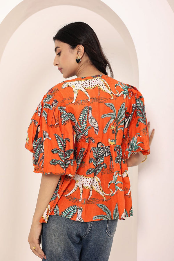 Orange Tropical Print Balloon Sleeve Peplum Cotton Top