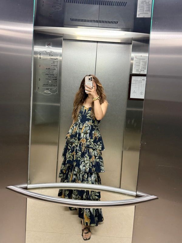 Blue Tropical Printed Halter Neck Tiered Ruffled Maxi Dress