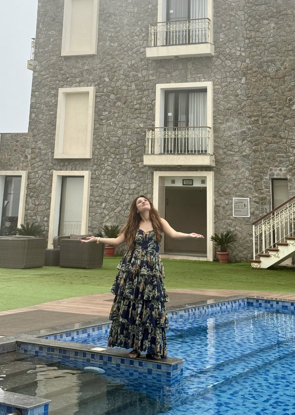 Blue Tropical Printed Halter Neck Tiered Ruffled Maxi Dress