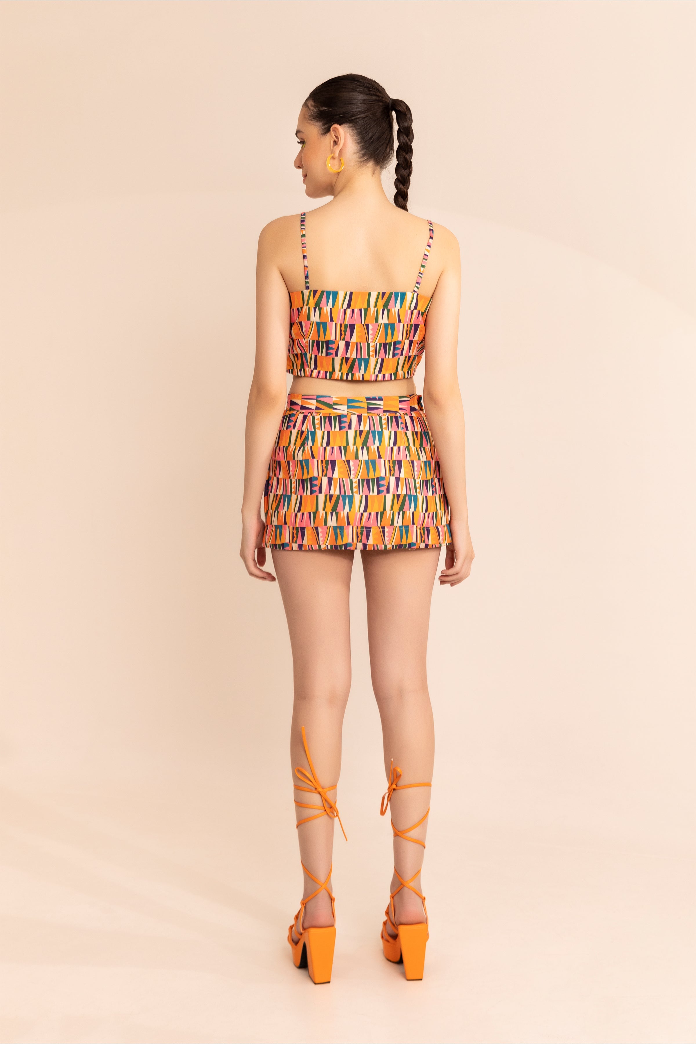 Multi geometry print long jacket with crop top and pencil skirt set