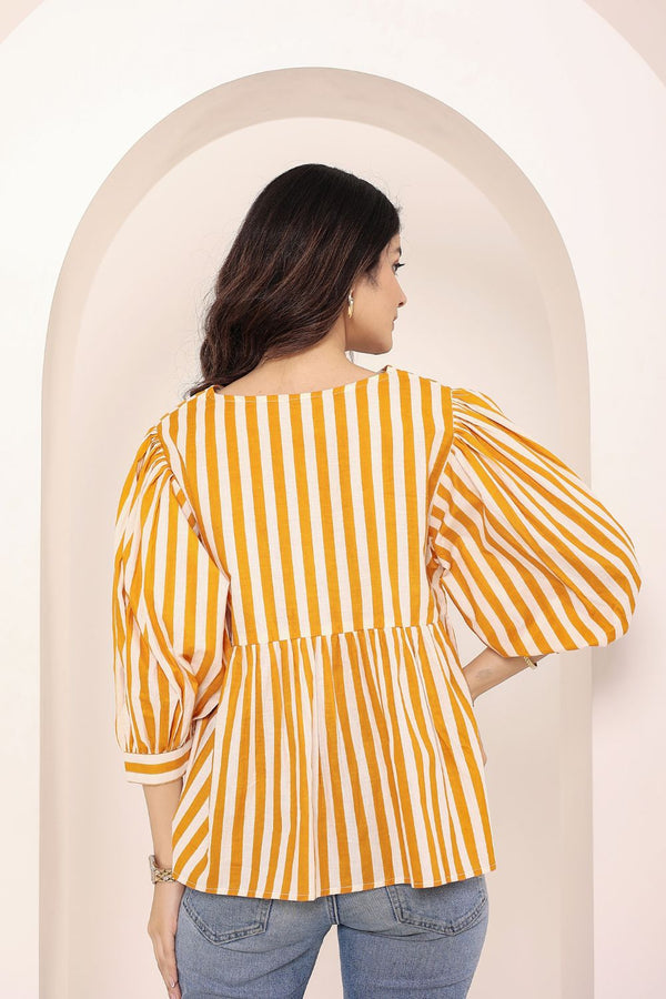 Yellow and White Striped Balloon Sleeve Peplum Cotton Top