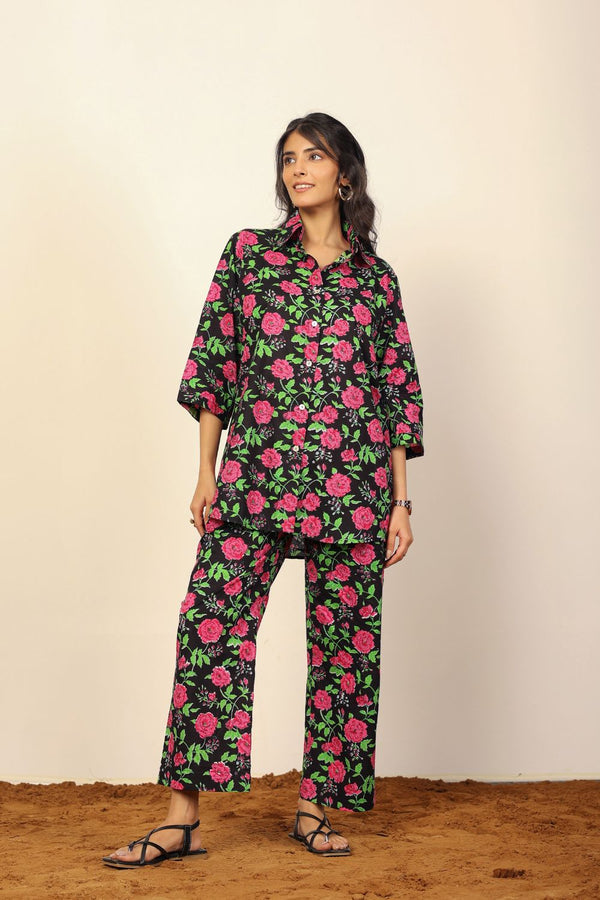 Black and Multi Floral Print Two Piece Set Oversized Long Shirts and Wide Legs Pant 100% Cotton Co-ord Set