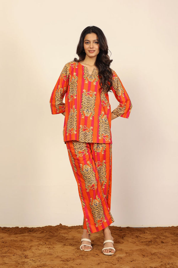 Orange and Multicolor Tropical Summer Print Two Piece Sets Kurta Style V-Neck Top and Wide Pant 100% Cotton Indo Western Co-ord Set