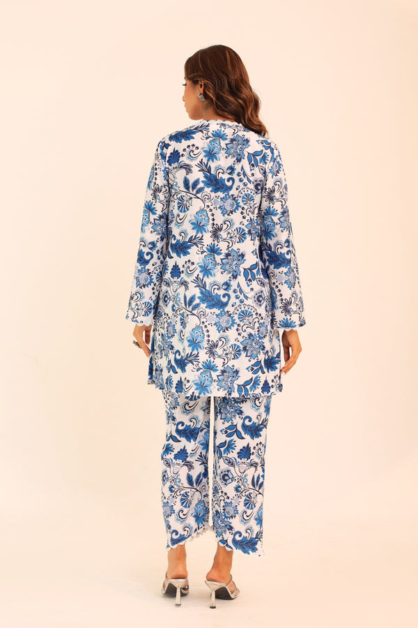 Blue and White Floral Printed Western Cord-Set Relaxed Top and Pant