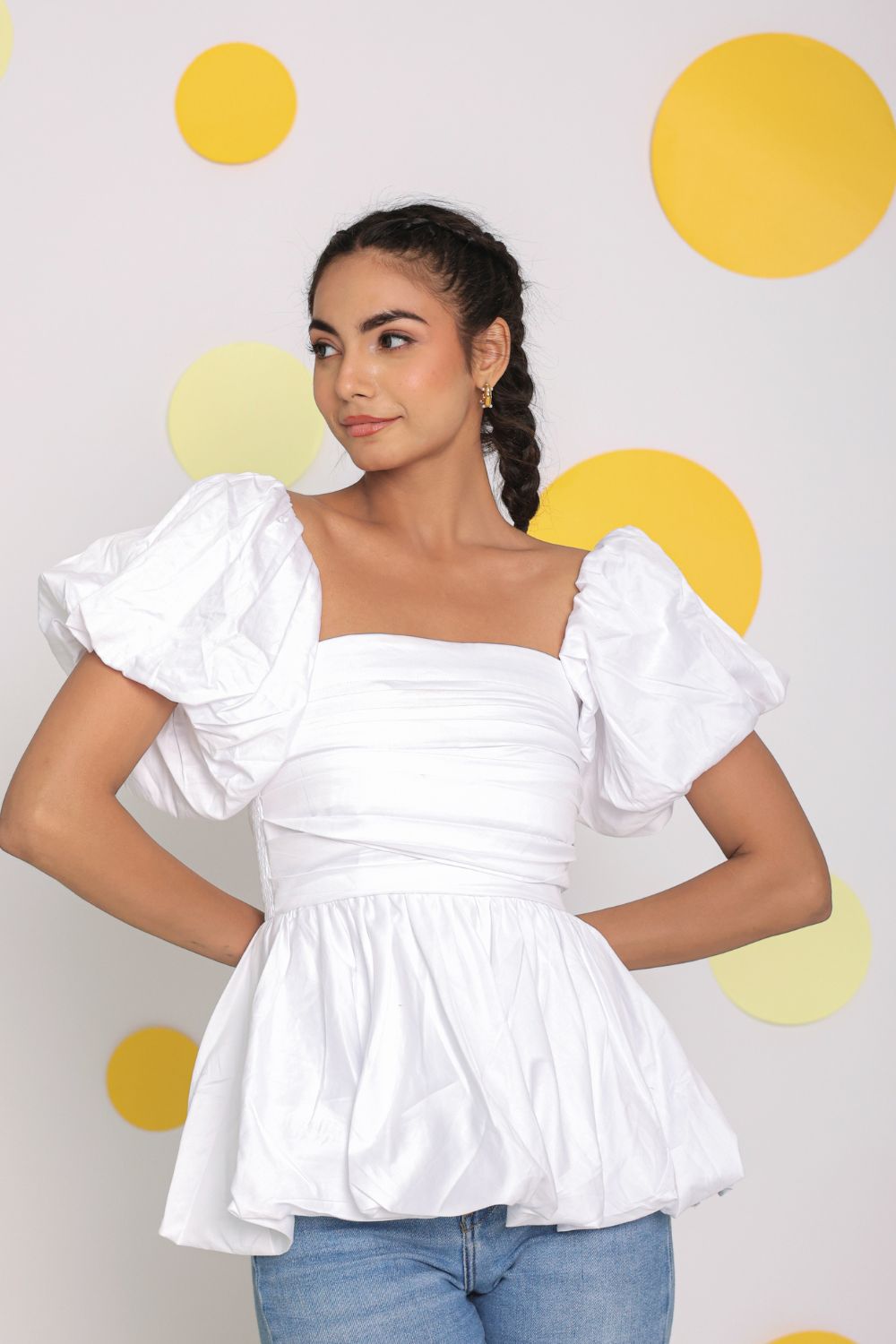 White 3 Way Styling Bust Fitted Top with Detachable Short Balloon