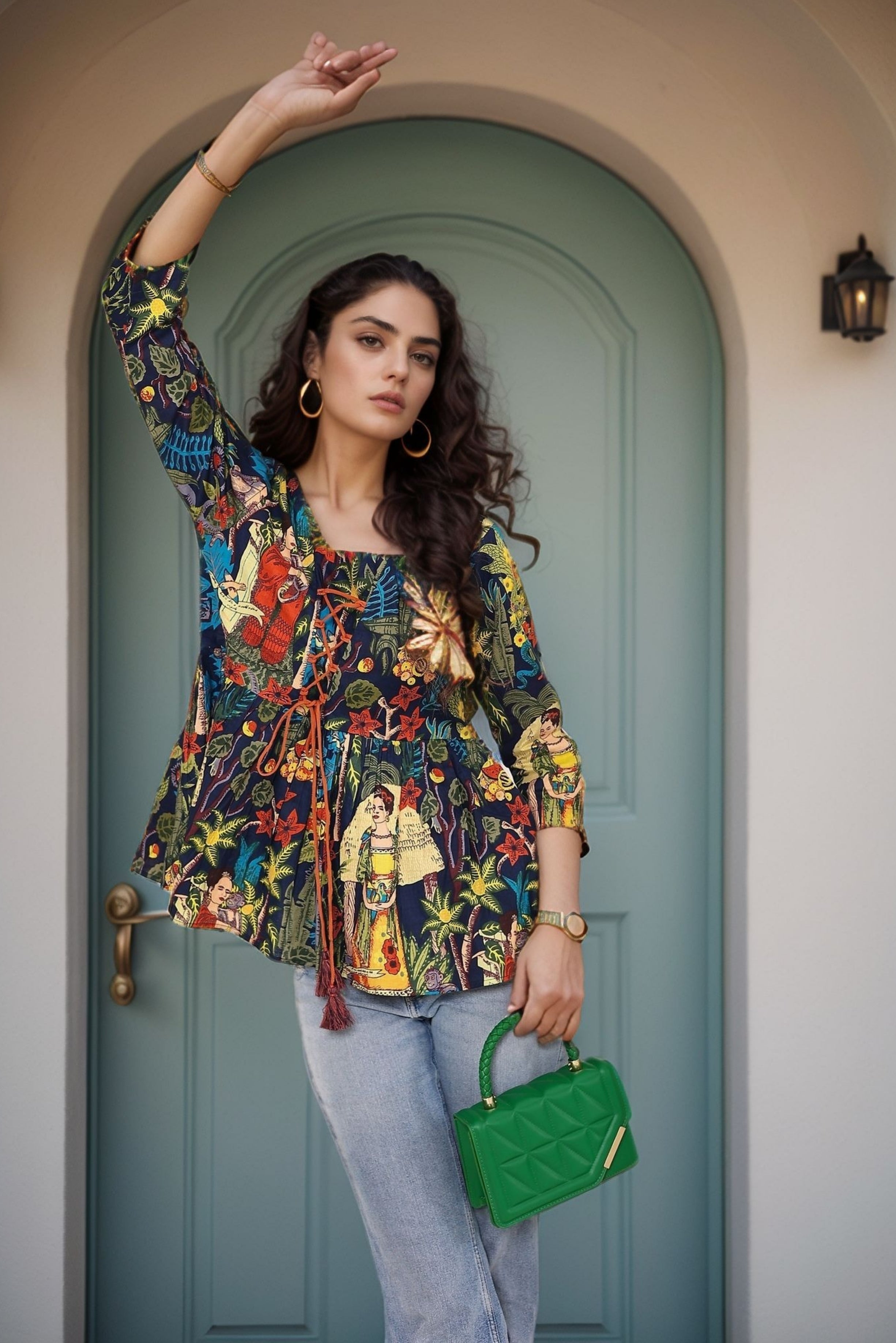 Navy Blue Tropical Print Criss-Cross Tie-Up Cotton Kurta Top - Kaoribyshreya