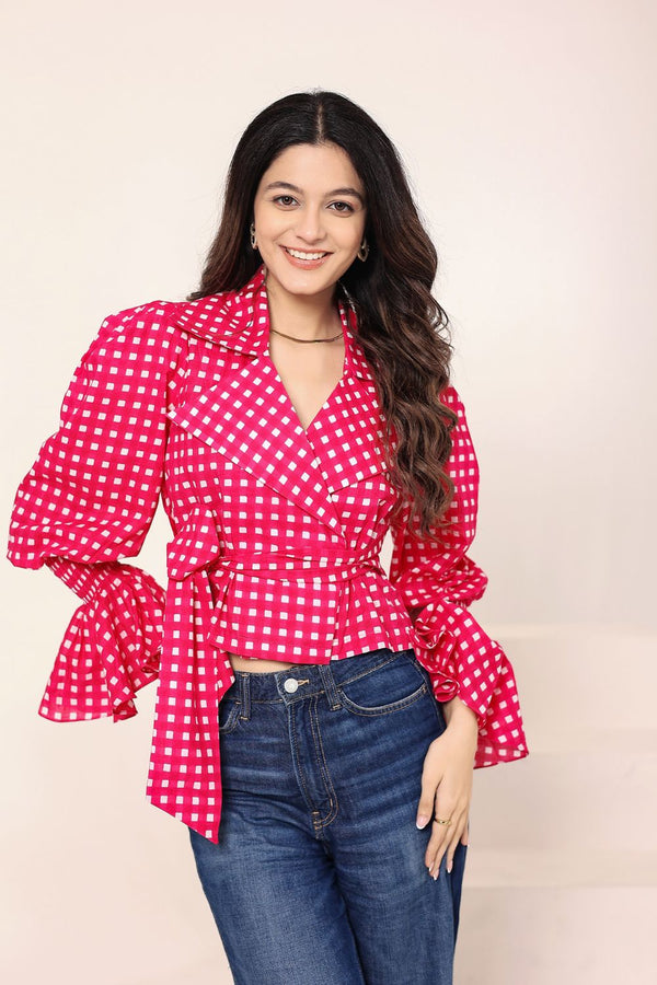 Pink Gingham Collared Wrap Top with Fancy Sleeves and Waist tie up