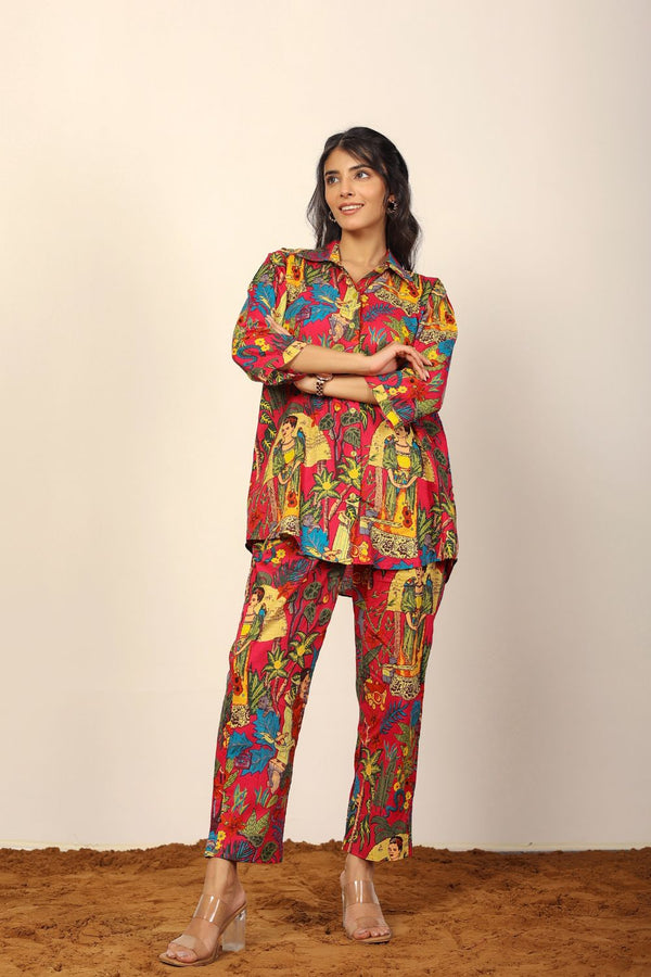 Multicolor Tropical Summer Print Print Oversized Shirts and Straight Legs Pant 100% Cotton Co-ord Set