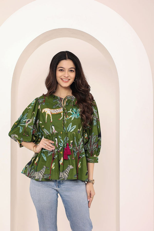 Green Tropical Print Balloon Sleeve Peplum Cotton Top
