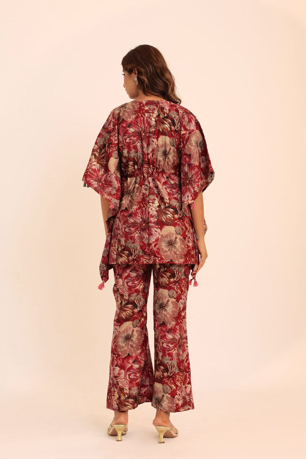 Multicolor Floral Printed Western Style Cord-Set Kaftan Top and Pant