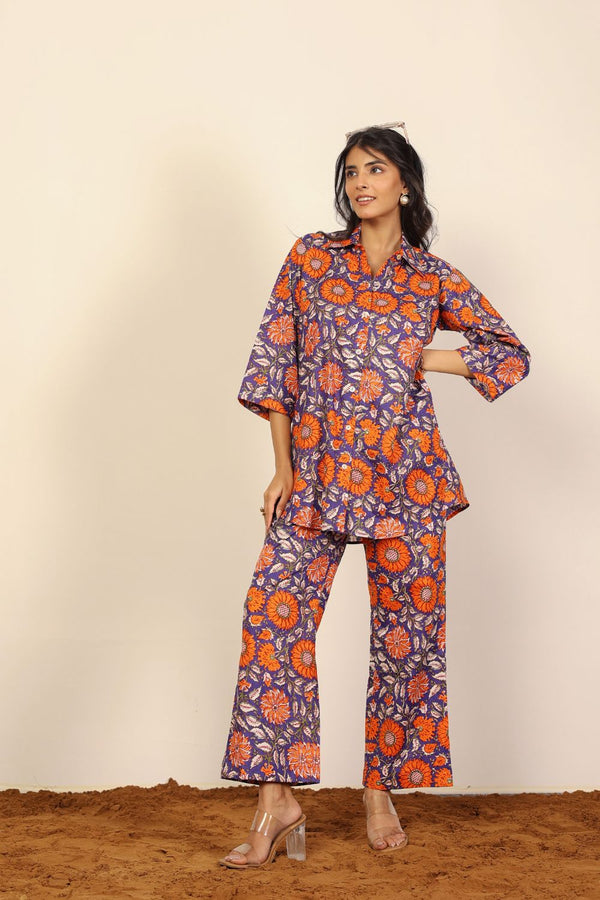 Orange and Multicolor Floral Print Oversized Long Shirts and Wide Legs Pant 100% Cotton Co-ord Set
