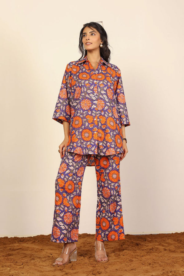 Orange and Multicolor Floral Print Oversized Long Shirts and Wide Legs Pant 100% Cotton Co-ord Set