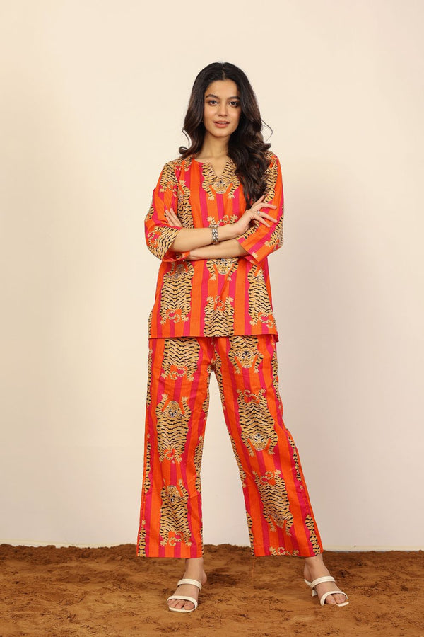 Orange and Multicolor Tropical Summer Print Two Piece Sets Kurta Style V-Neck Top and Wide Pant 100% Cotton Indo Western Co-ord Set