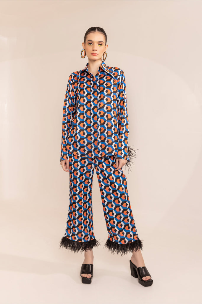 French blue printed shirt with feather hem trousers