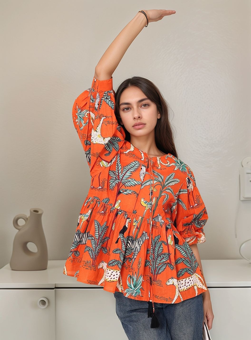 Orange Tropical Print Balloon Sleeve Peplum Cotton Top - Kaoribyshreya