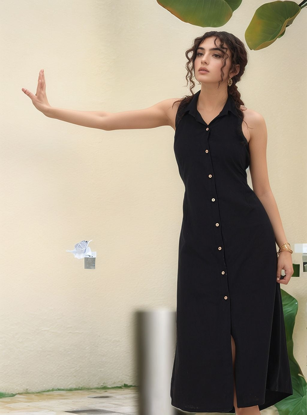 Black Linen Blend Halter Shirt Dress with Back Tie - Kaoribyshreya