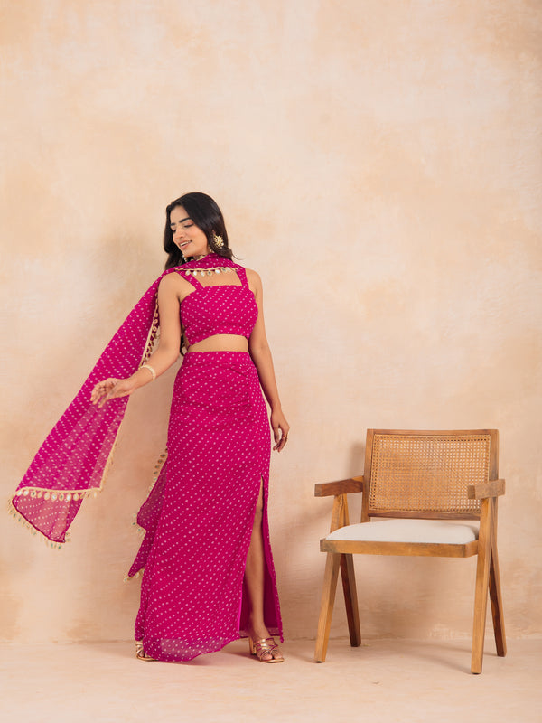 ELINA - Fuchsia Pink Bandhej Multi-Styling Set with Mirror Lace Detailing