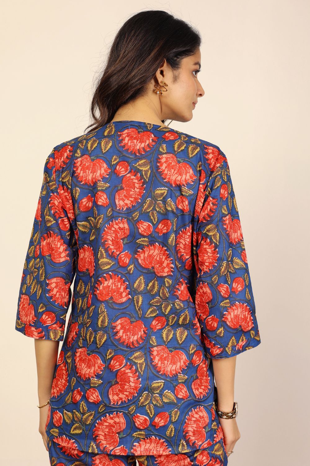Blue Multicolor Floral Print Two Piece Sets Short Kurta Style V