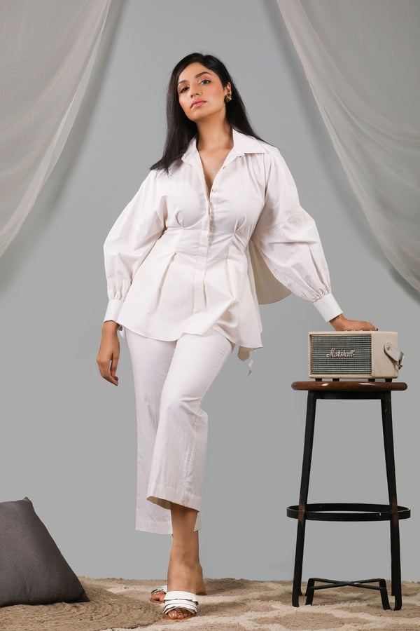 Pearled Ivory Back Tie Up Shirt With Pant Set