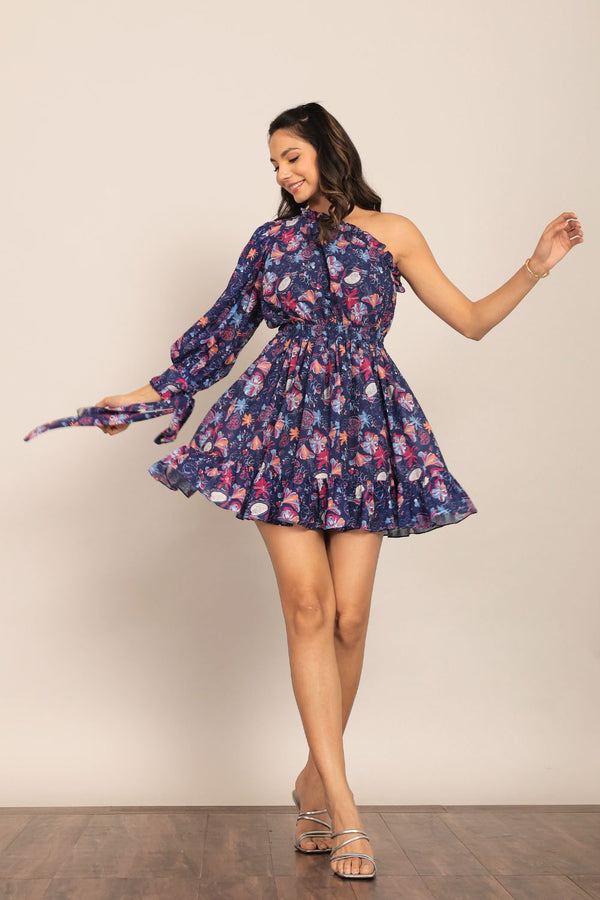 Multicolor Floral Printed One Sholder Off Short Dress