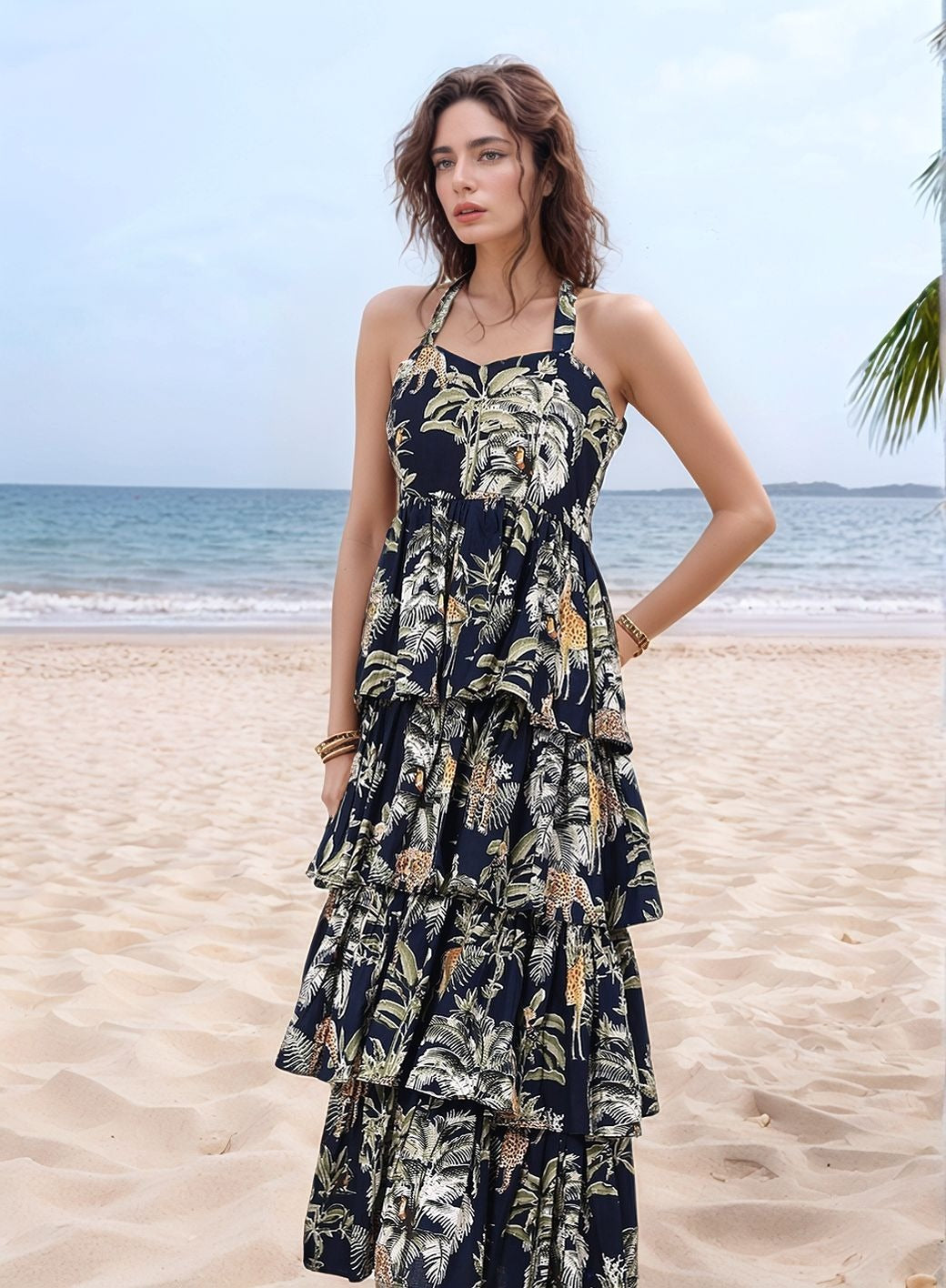 Blue Tropical Printed Halter Neck Tiered Ruffled Maxi Dress - Kaoribyshreya