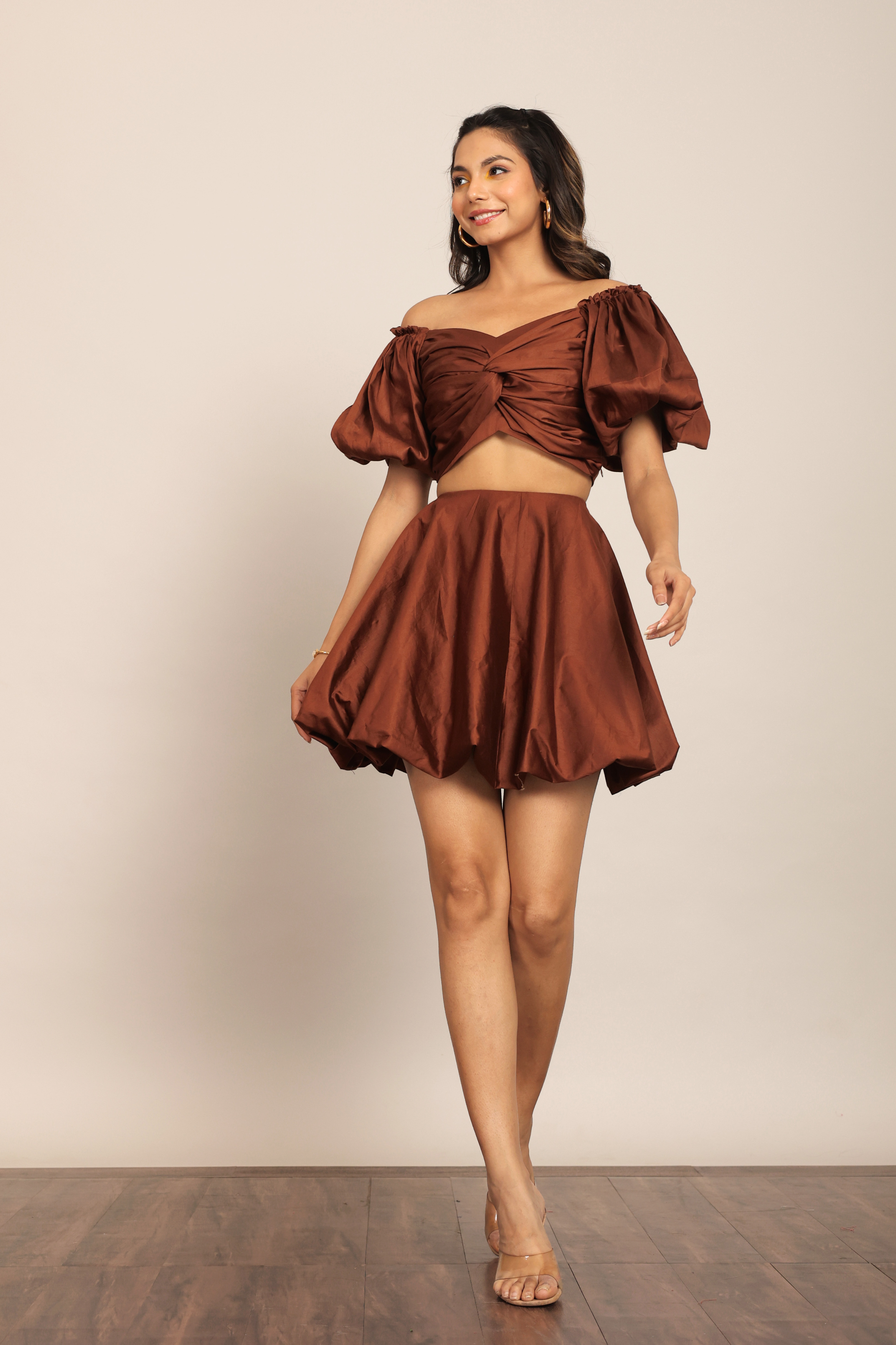 Coffee Brown Solid Western Cord-Set - Bust Fitted Top and Relaxed Skirt - Kaoribyshreya